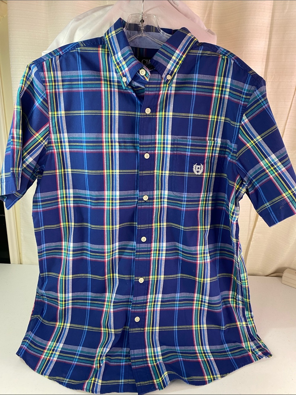 Chaps Navy and Blue Plaid Short-Sleeve Button-Down Shirt